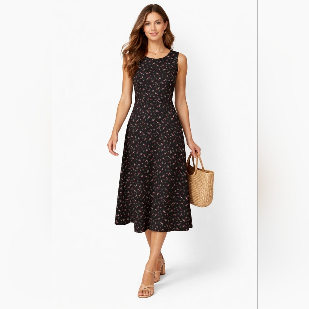 Kathy Lee Collection Black Floral Midi Dress Womens 8 Sleeveless Vintage Style.